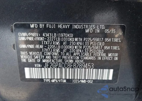 2015 Subaru Xv Crosstrek 2.0I Premium from USA, damaged, VIN JF2GPACC8F8289453